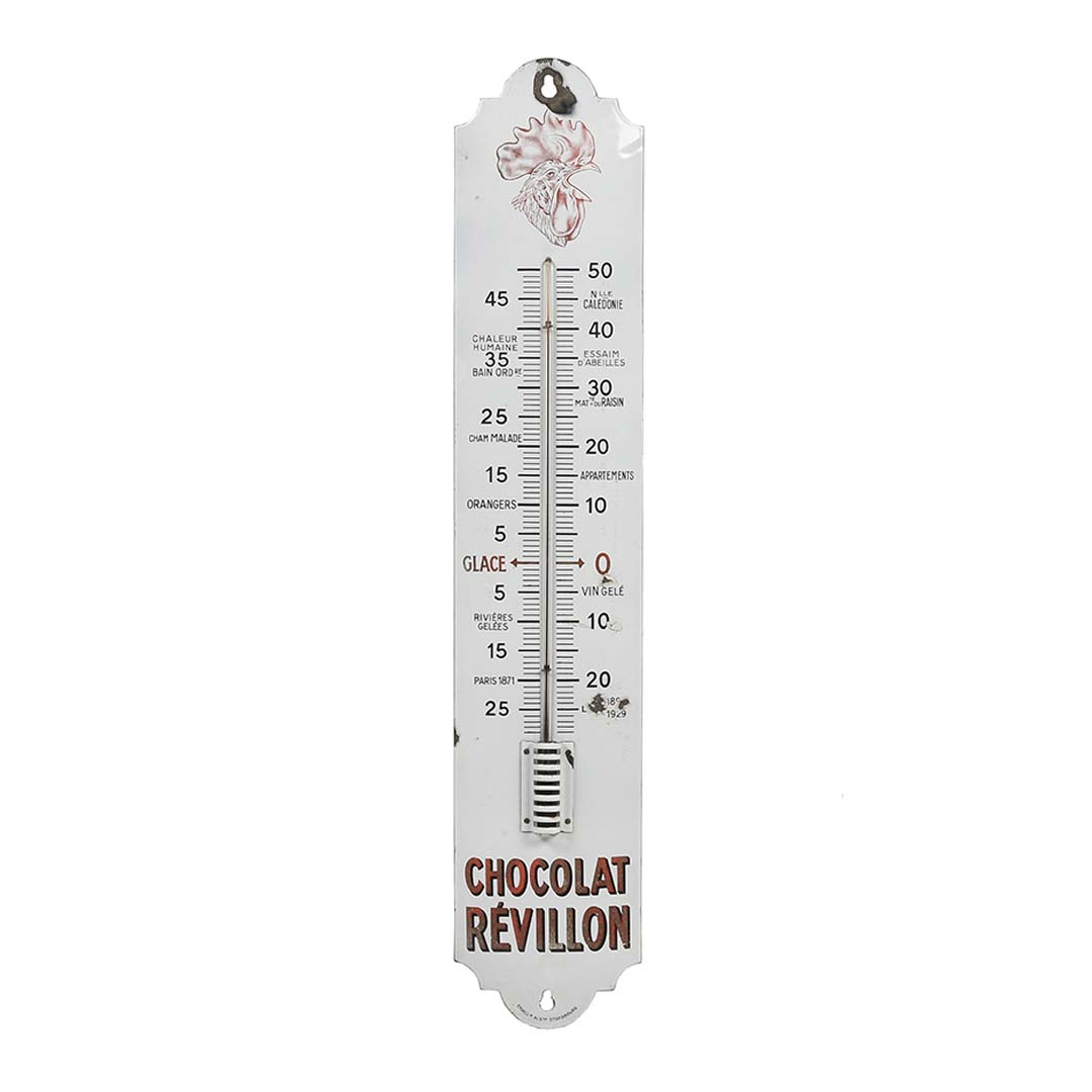 CHOCOLAT REVILLON : Thermomètre émaillé cintré, rehauts sur