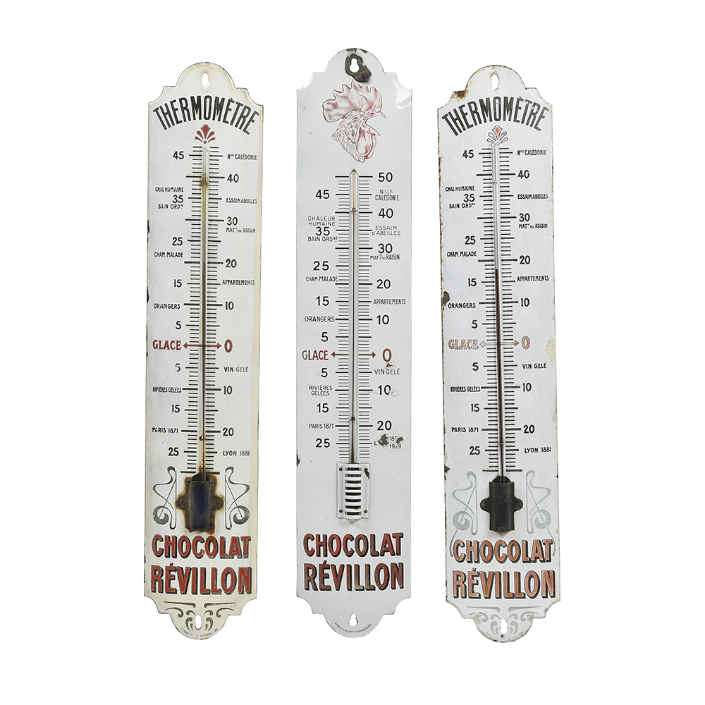CHOCOLAT REVILLON : Thermomètre émaillé bombé, illustré de la tête
